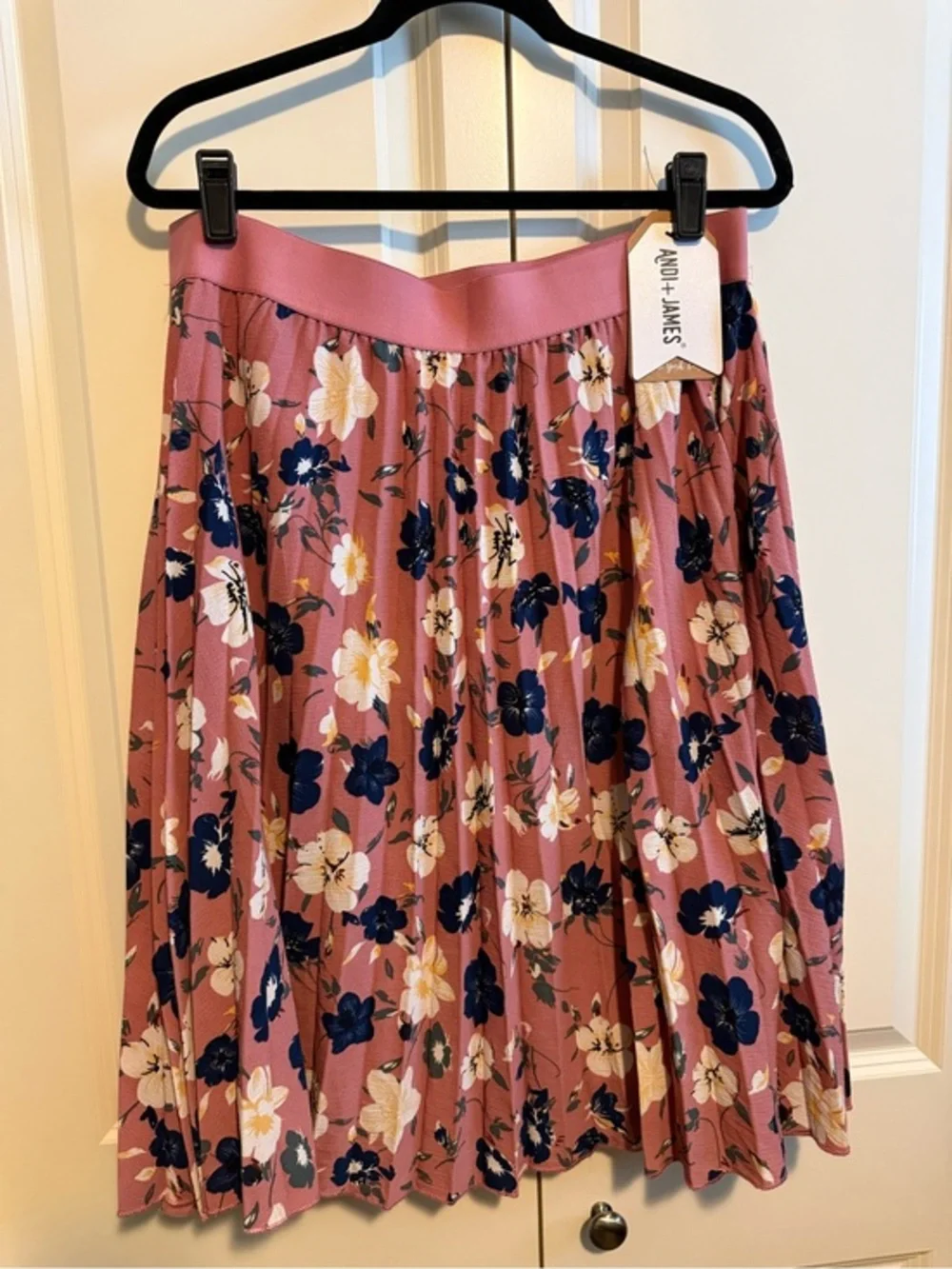 Andi + James Dusty Pink Floral Pleated Skirt with Navy and Cream Flowers - Picture 1 of 4